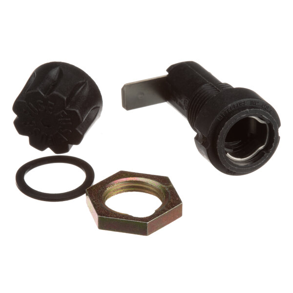 A black plastic Lincoln fuse holder with a metal nut and bolt.
