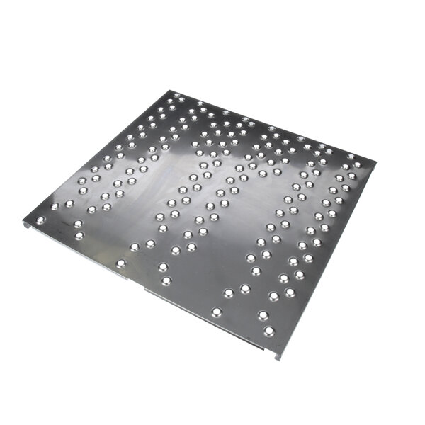A stainless steel Lincoln finger plate with holes.