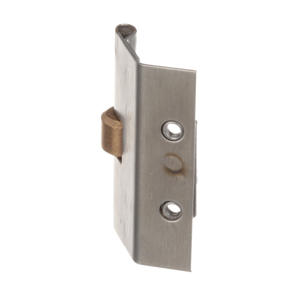 A stainless steel Blodgett door catch with a brass handle and holes.