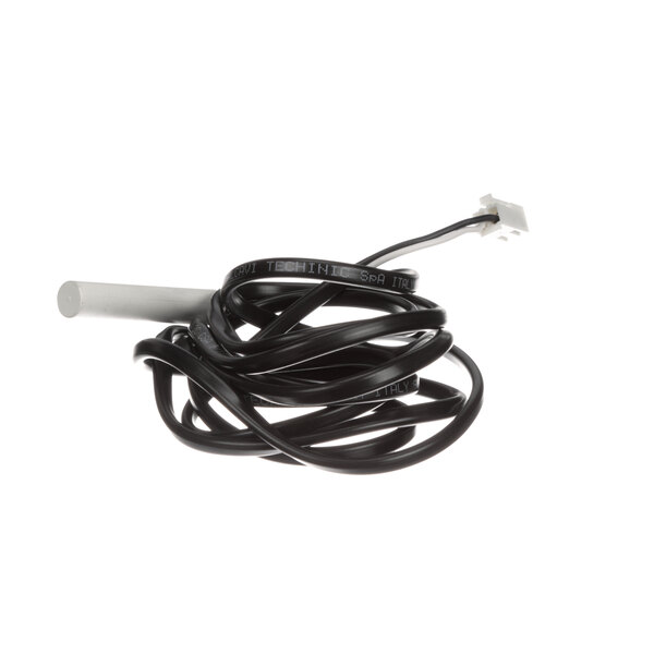 A black cord with a white plug on the end wrapped around a white object.