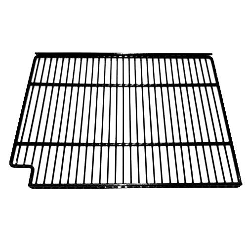 A black coated wire shelf with a grid pattern.