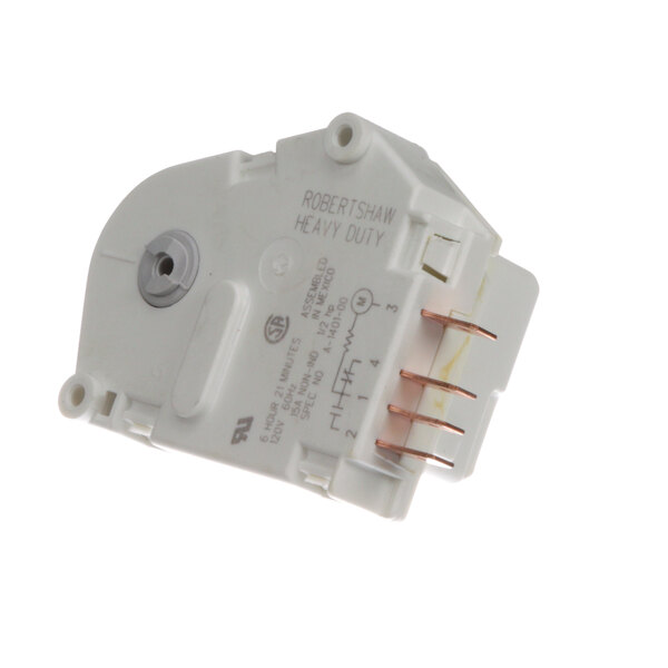 A white plastic Perlick defrost timer with copper wires.