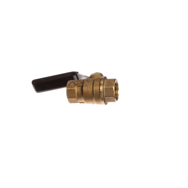 A brass Accutemp ball valve with a black handle.
