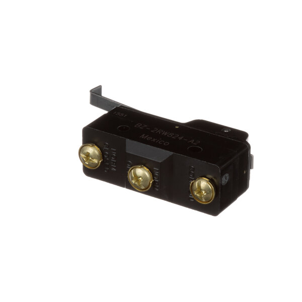 A black Accutemp microswitch with two gold buttons.