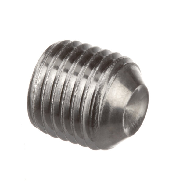 A close-up of a stainless steel screw with a threaded nut.