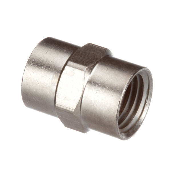 A close-up of a BKI stainless steel threaded pipe fitting.