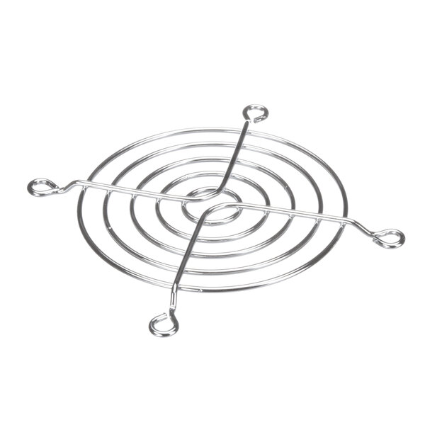 A metal grid fan guard with rings and four holes.