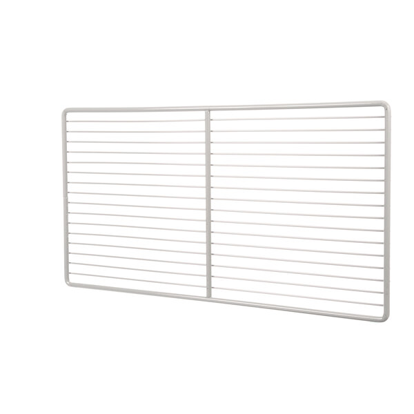 A white metal shelf with horizontal lines.