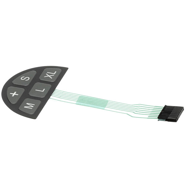 A black rectangular Bunn membrane switch with green stripes and a small black button with white text.