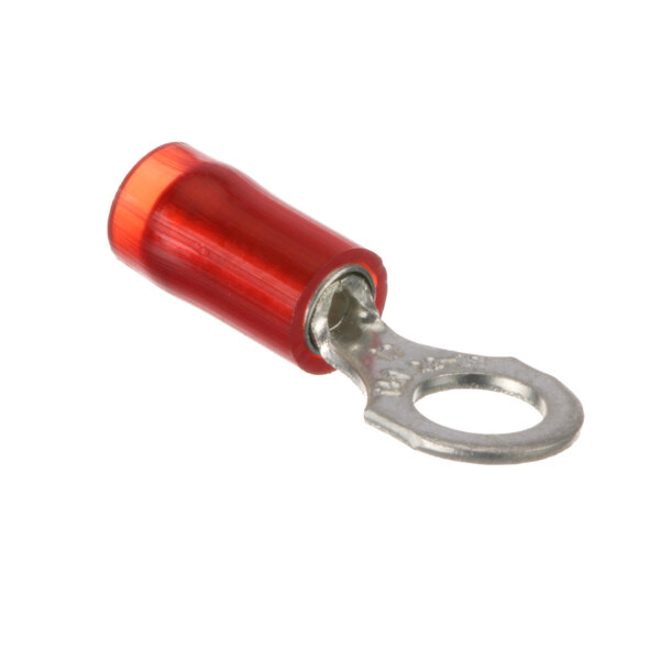 A red metal ring terminal on a red electrical cable.