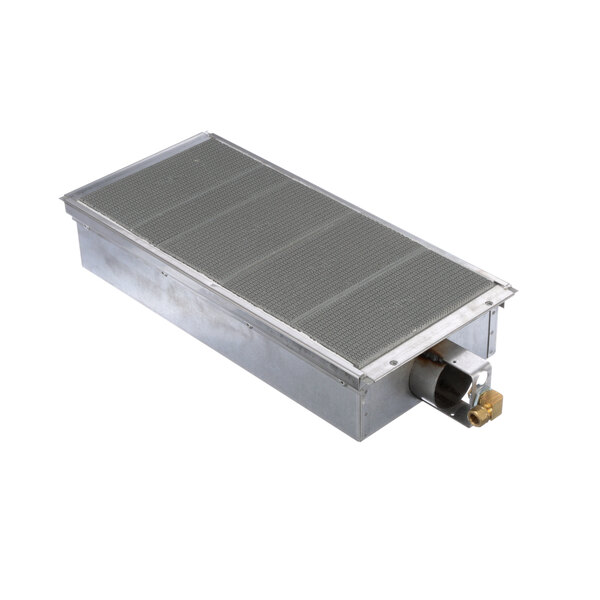 A metal rectangular burner assembly with a metal pipe.