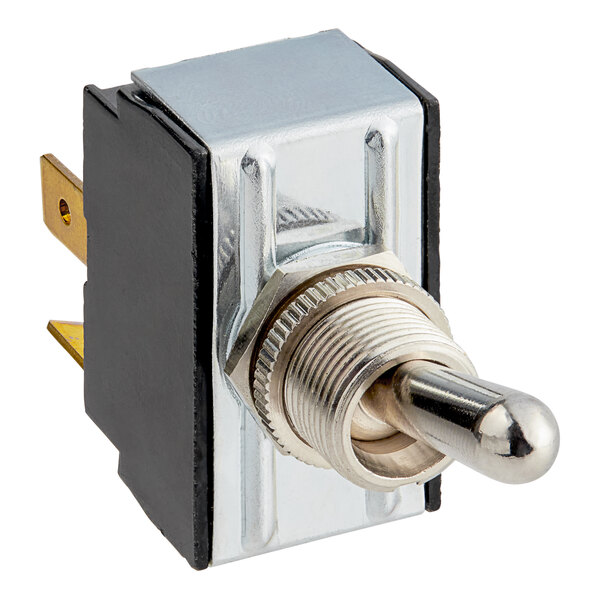 A close up of a metal Alto-Shaam toggle switch with a round metal button.