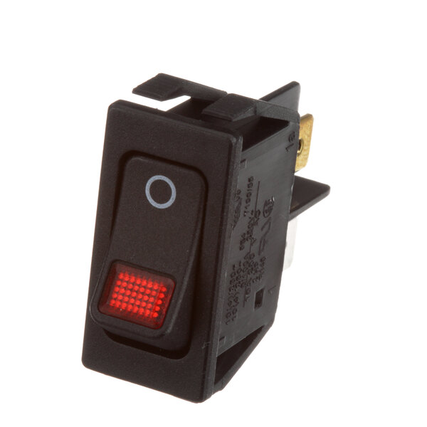A black Delfield rocker switch with a red light.