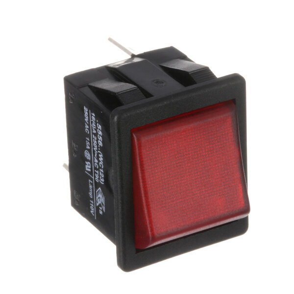 A close-up of a black square Wilbur Curtis rocker switch with a red button.