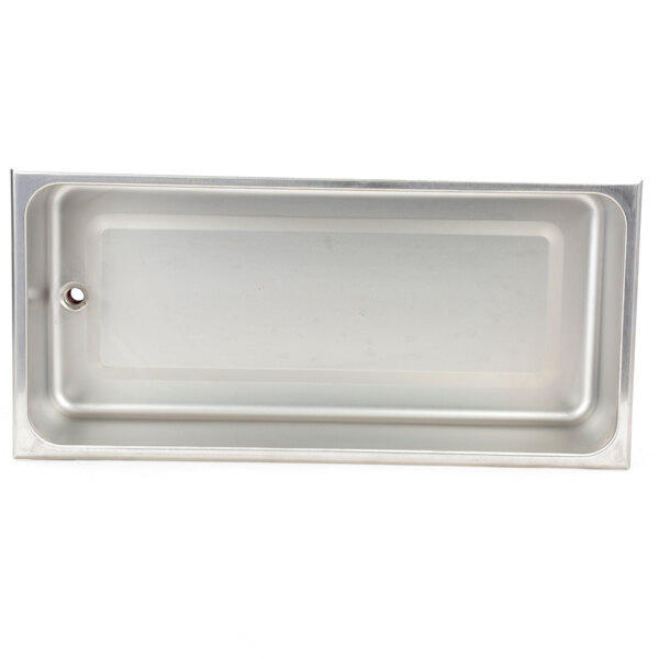 A stainless steel rectangular pan with a drain.