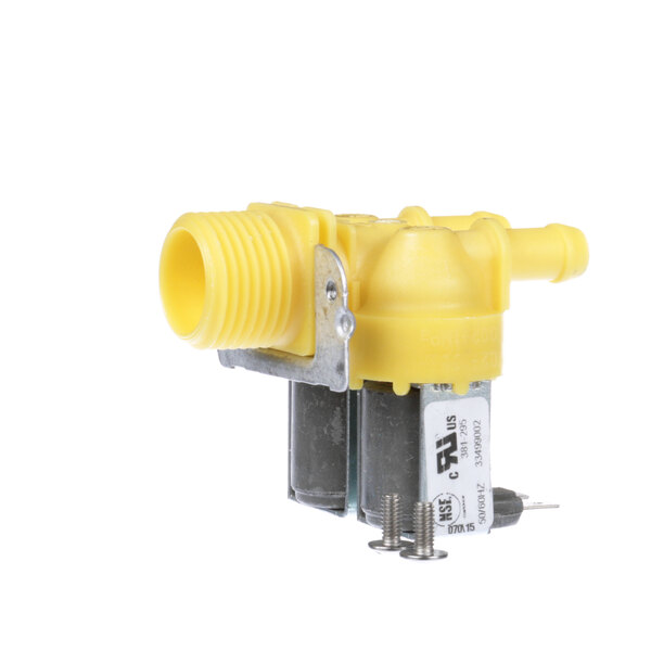 A yellow Groen water inlet valve with screws.