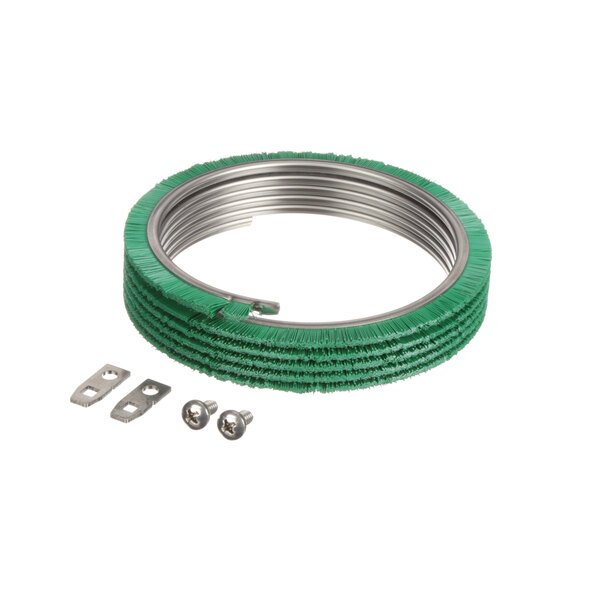 A green and silver wire coil with screws.