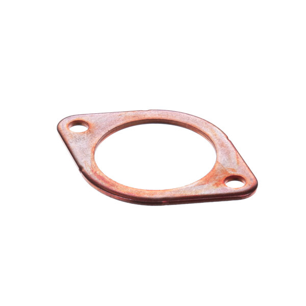 A close-up of a copper metal ring with a white background.