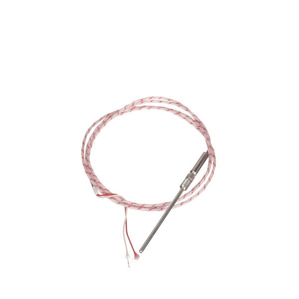 A red and white cable with a metal rod on the end.