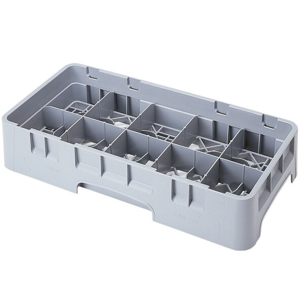 A soft gray plastic Cambro glass rack with 10 compartments and 6 extenders.
