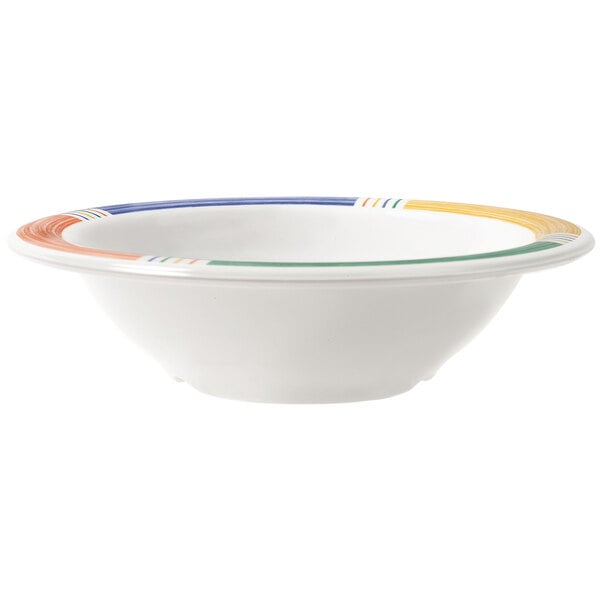 A white melamine bowl with a colorful rim.