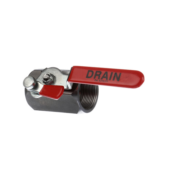 A close-up of a Frymaster Gemini non-filter valve with the word "drain" on it.