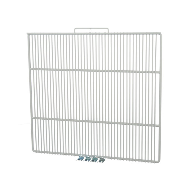 A white metal grid with blue and white metal bars.
