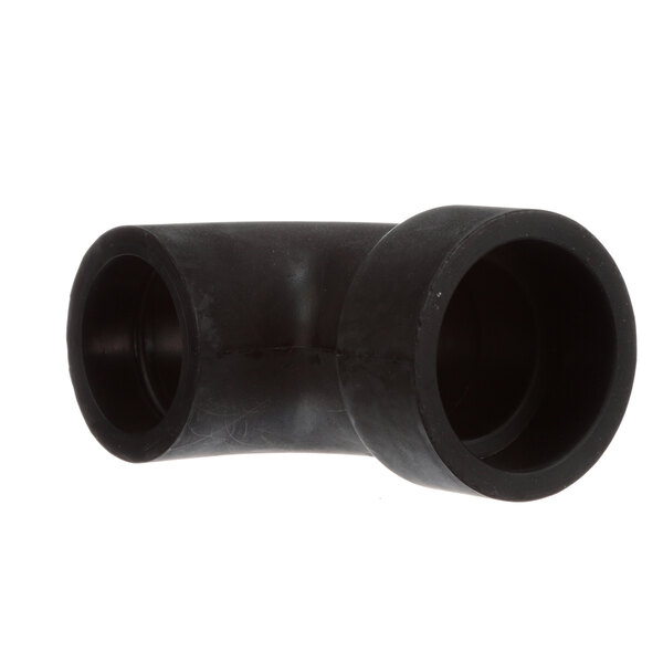 A black plastic elbow pipe fitting with two openings.