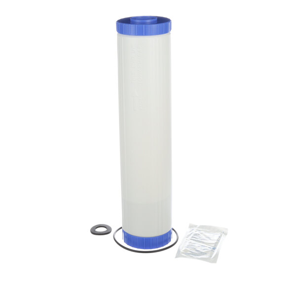 A white and blue Antunes water filter cartridge kit in a plastic bag.