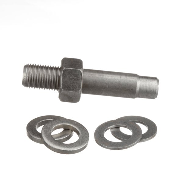 A metal bolt and washers on a white background.