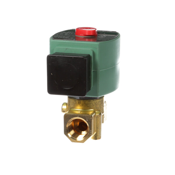 A green and black Groen solenoid valve with a red button.