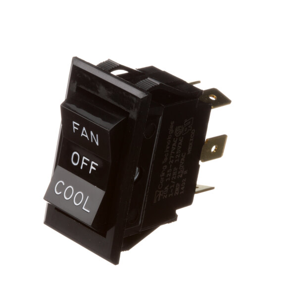 A black Montague rocker switch with white text that says fan, off, and cool.