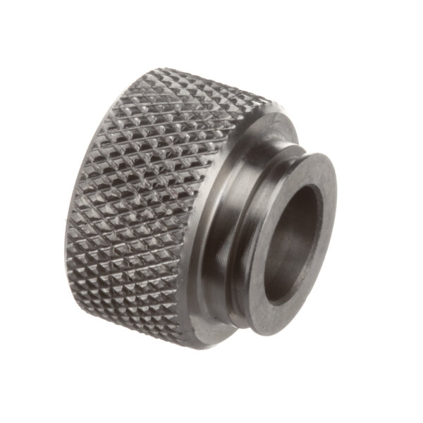 A stainless steel threaded knob with a black finish and a hole.