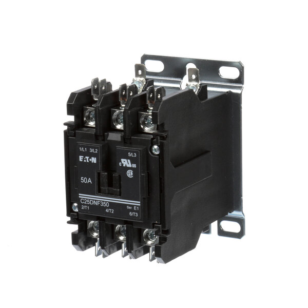 A close-up of a black Hubbell contactor with metal brackets.