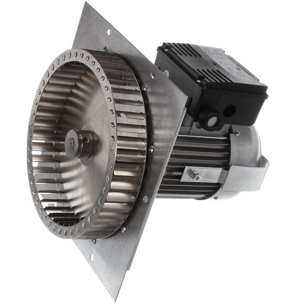 A metal fan assembly with a motor.