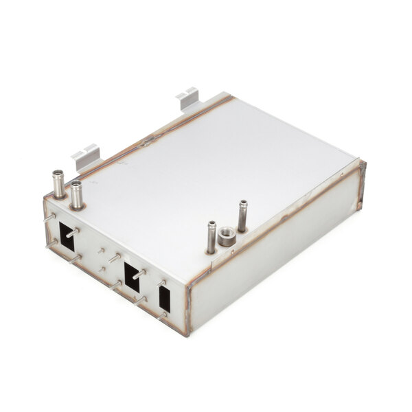 A white rectangular box with metal connectors and screws.