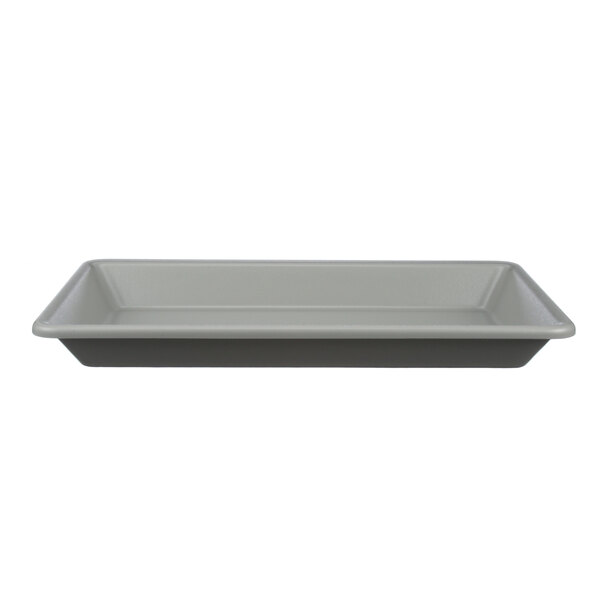 A grey rectangular tray with a white background.