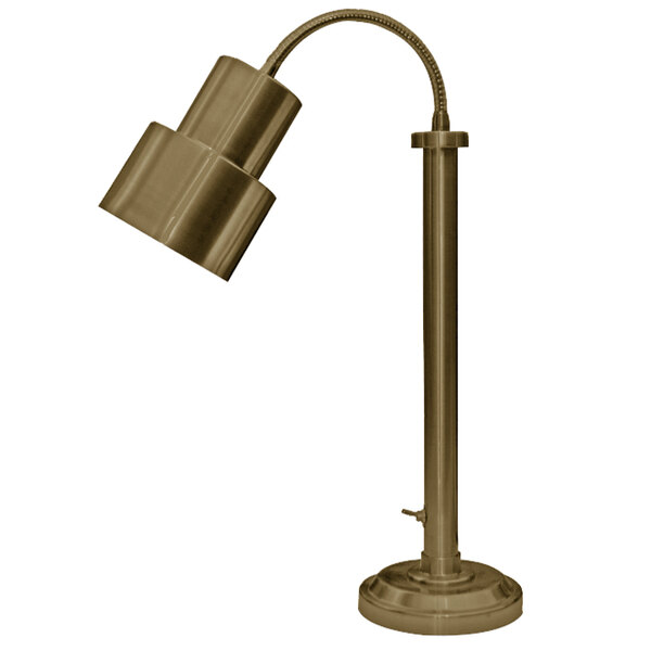 A Hanson Heat Lamps brass freestanding heat lamp with a curved metal pole and metal shade.