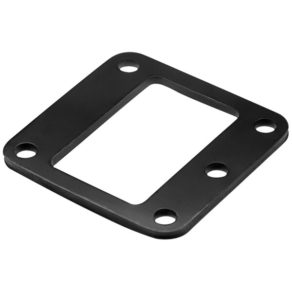 A black square metal gasket with holes.