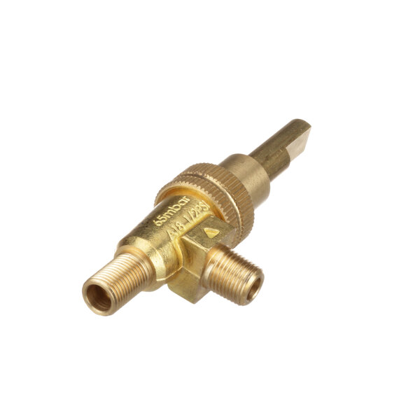 A close-up of a brass Jade Range stove valve.