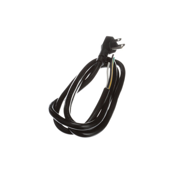 A black electrical cord with a black plug and a white and green wire.