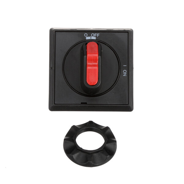 A black switch with a red button.