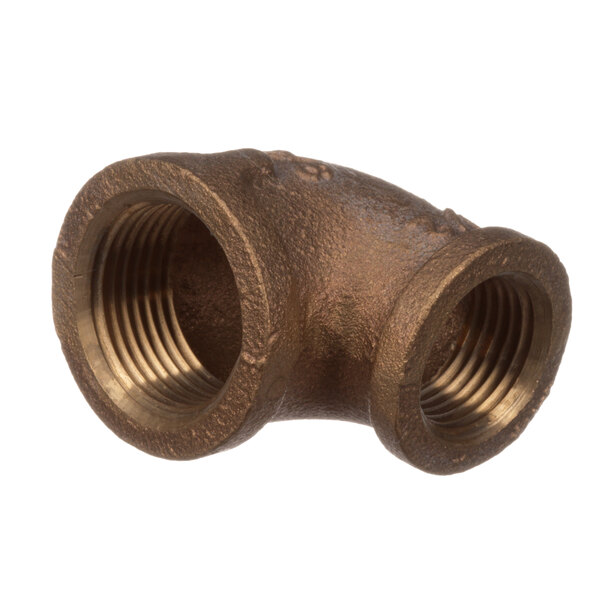 A close-up of a Cleveland brass elbow pipe fitting.