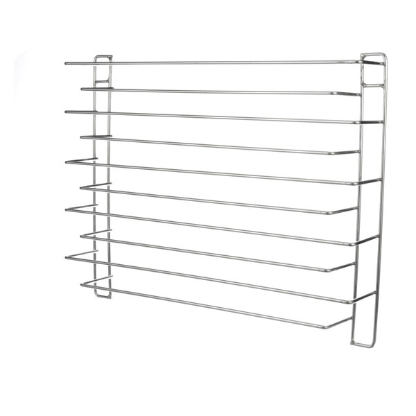 A Randell stainless steel sheet pan rack with many thin metal rods.