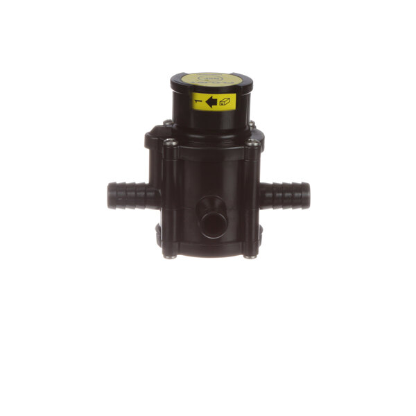 A black water valve with a yellow label.