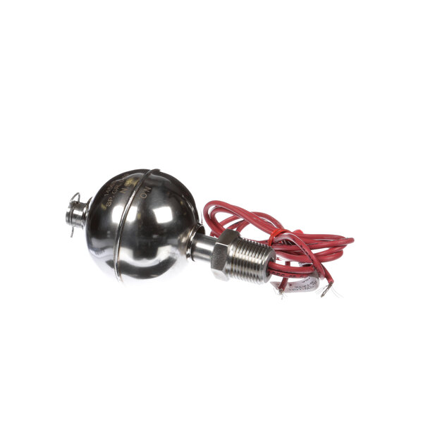 A round metal Cleveland switch with red wires attached to a silver ball.
