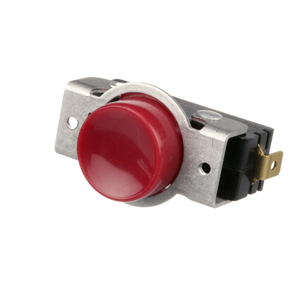 A red Hobart stop button with a metal frame.