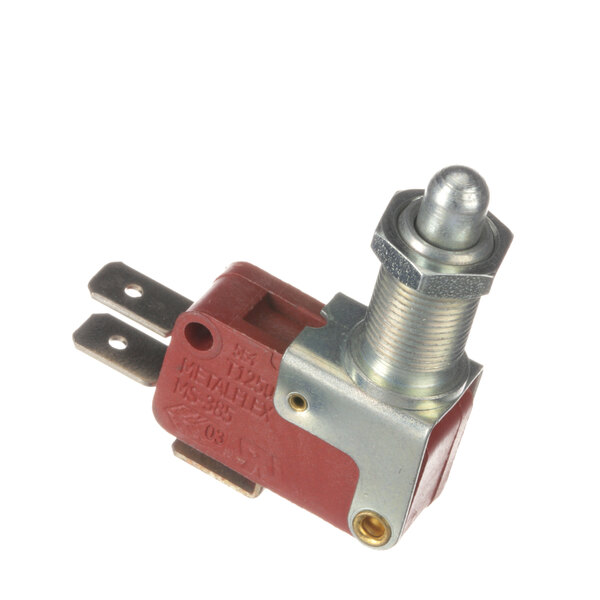 A close-up of a Univex Micro Switch with a metal handle and red push button.