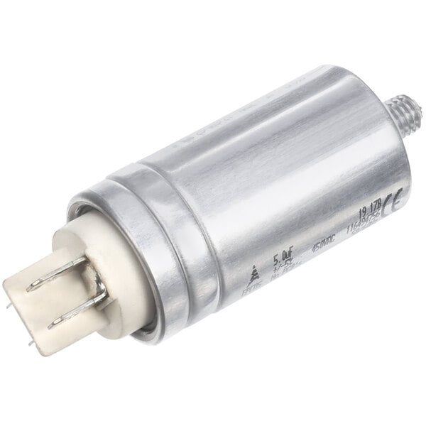 A silver metal cylindrical capacitor with a white cap.