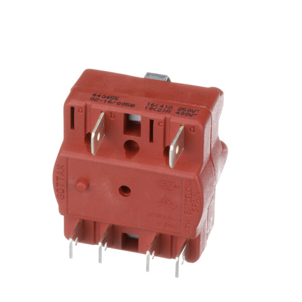 A red Duke 3-position switch with metal pins.
